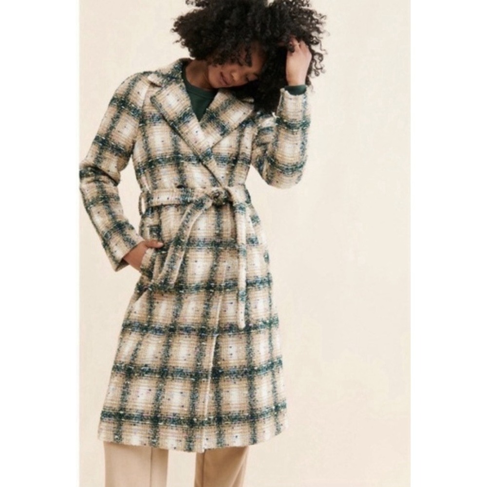 Anthropologie Avec Les Filles Green Plaid Tweed Coat 1X Womens Belt Long Shacket